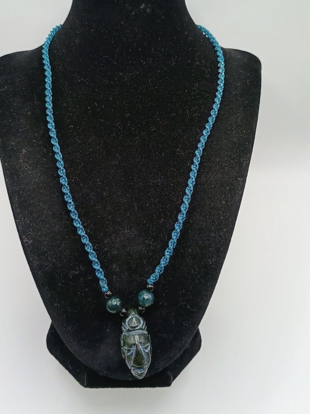 Macrame Necklace with Inca Mask Carved from Natural Andean Stone